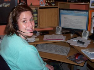 Me, working at the computer in my snazzy new headset!