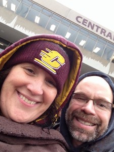 We often brave the elements for CMU home games, like in the 2015 Homecoming game. We made it through the first quarter, but as we learned a few years ago, the steady rain and an electric wheelchair aren't a combo to mess with. 